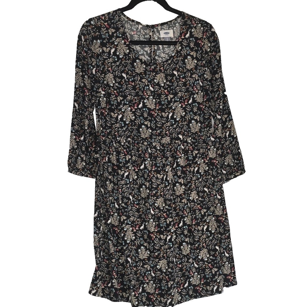 $25 NWT OLD NAVY long sleeve babydoll dress S Tall black blue floral bunny zips - Picture 4 of 14